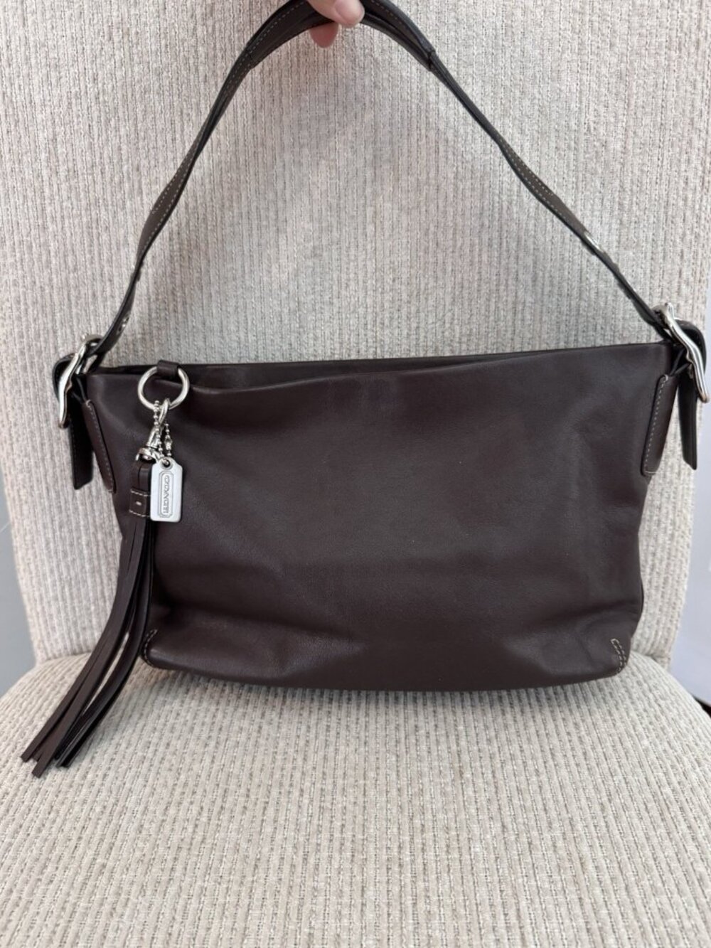 Coach Mahogany Brown Leather East West Too Zip  Bag Purse #1417 Tassel Metal Tag